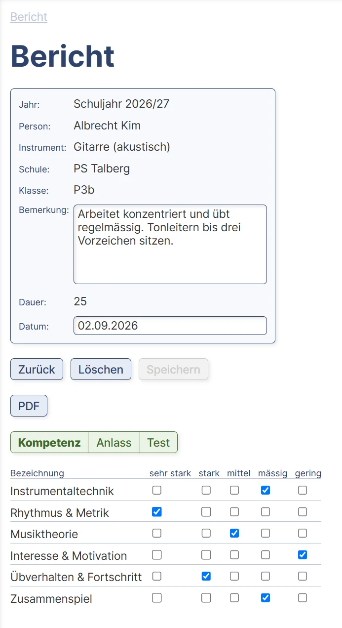Ein Bericht zu einer Schülerin mit Instrument, Schule und Klasse, darunter die Reiter Kompetenz, Anlass und Test und die Kompetenzen von Instrumentaltechnik bis Zusammenspiel.