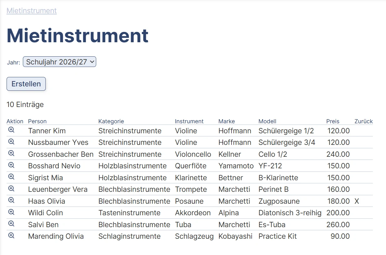Die Mietinstrumente 2026/27: pro Vermietung Person, Kategorie, Instrument, Marke, Modell und Preis.
