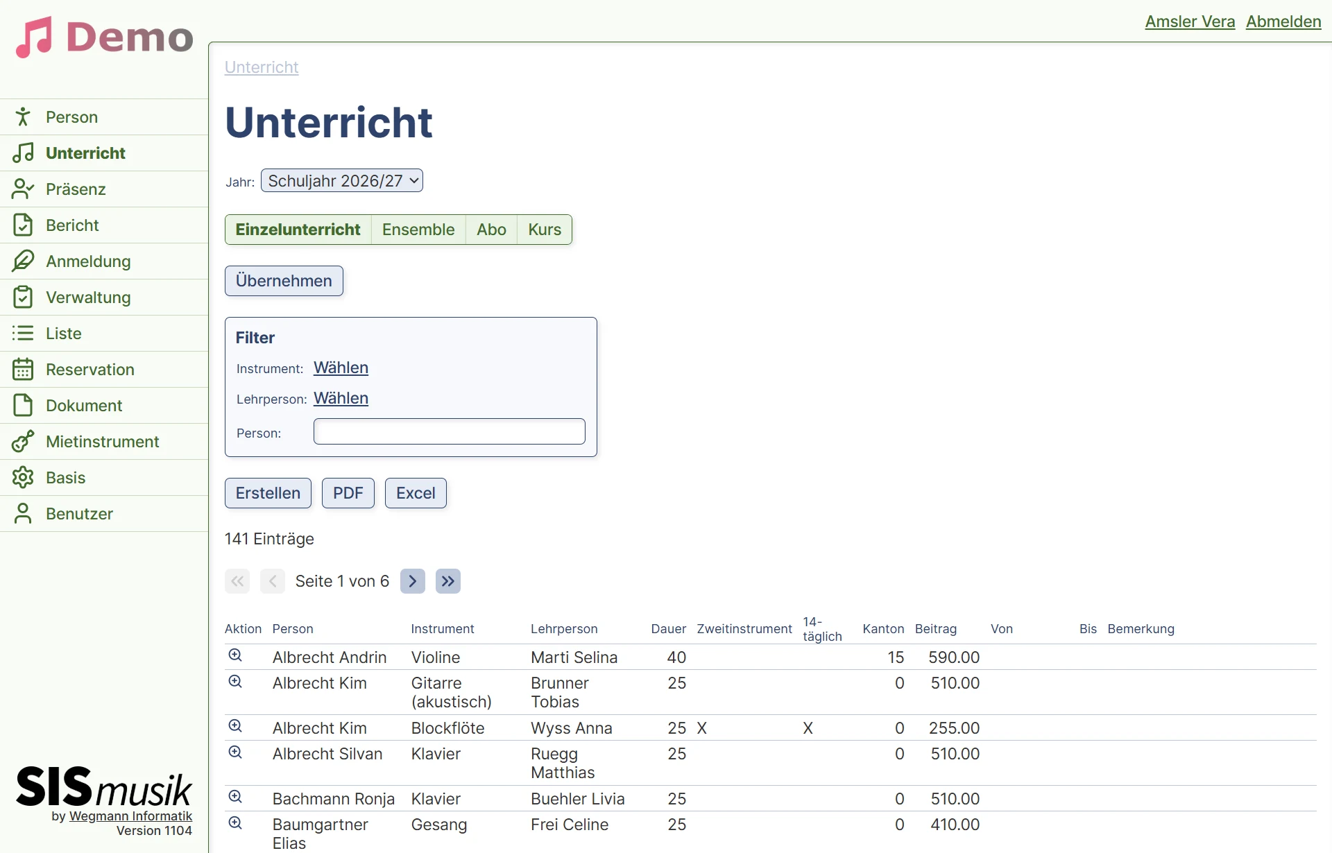 SISmusik mit dem Hauptmenü links und der Seite Unterricht: Pfad, Schuljahr, Reiter, Filter, die Knöpfe Erstellen, PDF und Excel, die Seitenwahl und die Liste.