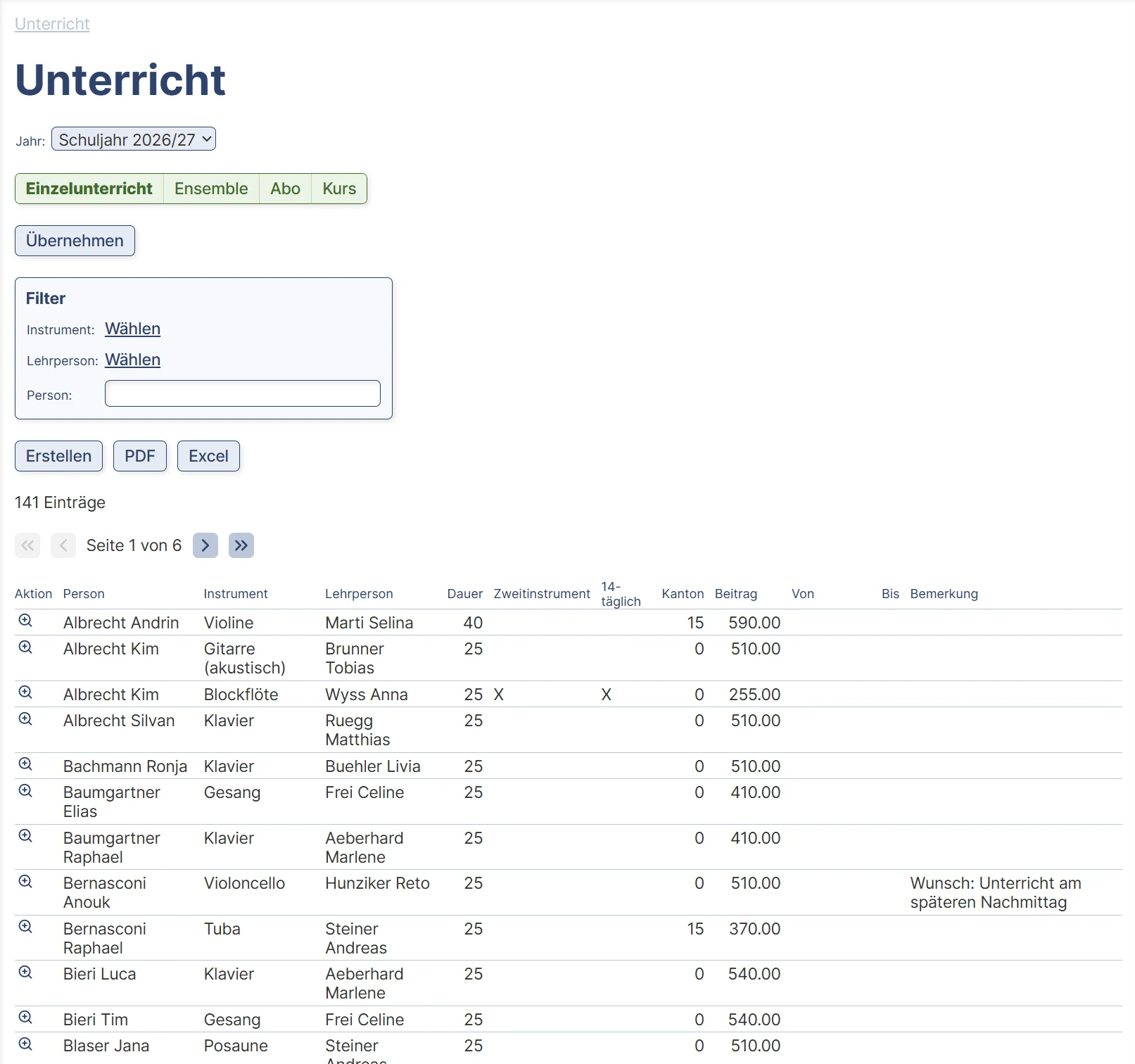 Die Seite Unterricht mit dem Reiter Einzelunterricht: Filter nach Instrument, Lehrperson und Person, darunter 141 Einträge mit Person, Instrument, Lehrperson, Dauer und Beitrag.